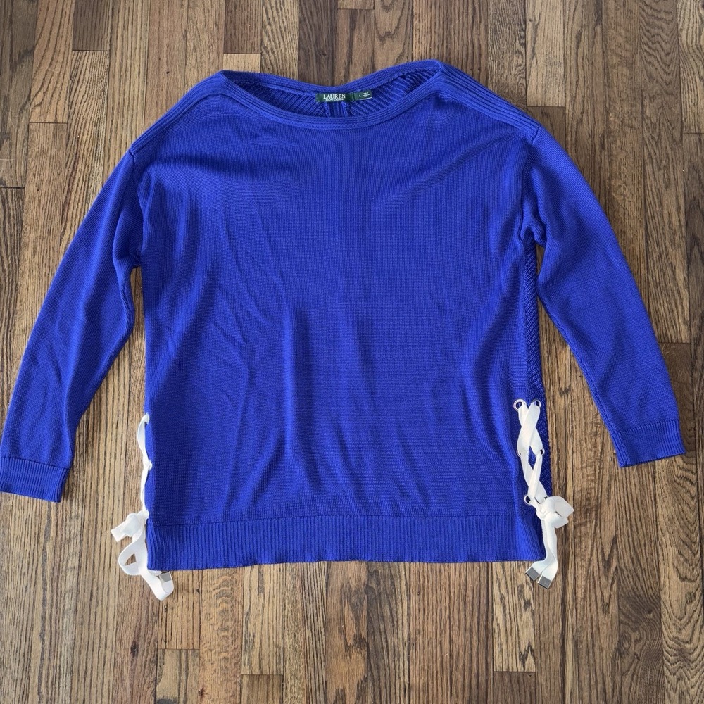 Lauren Ralph Lauren Womens Sweater L Blue Cobalt Lace Up Side Boat Neck Knit